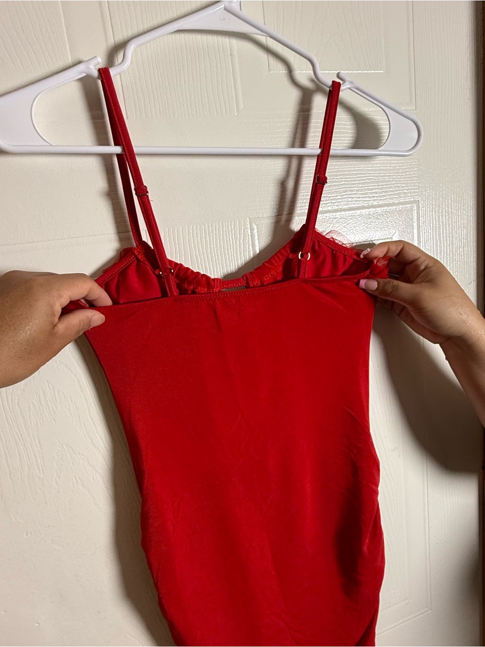 Red Ruched Mesh Backless Midi Dress with Ruffle Trim - Picture 4 of 7